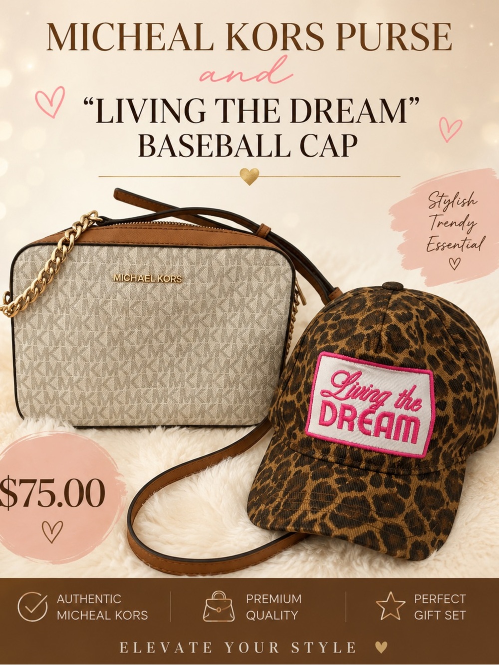 Michael Kors Beige Logo Crossbody Purse with Leopard 'Living the Dream' Cap